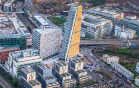 Aerial view of the White City campus with two buildings