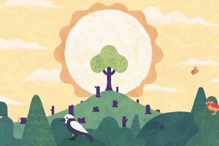 Screengrab of animation showing a rising sun framing a tree on a hill, surrounded by deforested trees