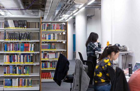 Students studying in the central library with book cases in the background