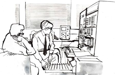 Illustration of two students using a computer in 1969