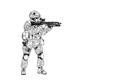 Illustration of a solider in uniform holding a gun