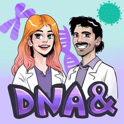 Cartoon depictions of two hosts in front of genetic materials