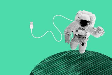Illustration - collage of an astronaut with a planet made of a silicon wafer
