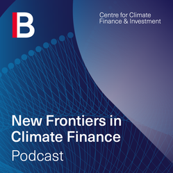 A blue abstract logo reading 'New Frontiers in Climate Science podcast'