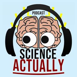 Logo for Science Actually, featuring a brain with googly eyes surrounded by headphones