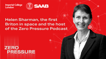 Helen Sharman against a red background describing the Zero Pressure podcast