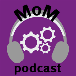 A purple logo with headphones, cogs, and the words 'MoM podcast'
