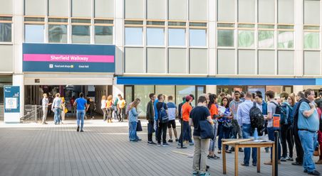 students gathering on dalby court on open day