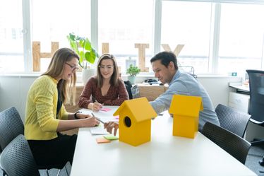 People sit at table with bird house props, at IGHI's Helix Centre: Anna, Clare and GP (Left to right)