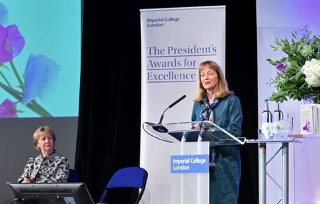 President Alice Gast on stage hosting the President's Awards for Excellence