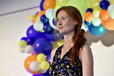 Portrait of Dr Claire Trant, one of the Entrepreneurs' Pledgers, making a speech at an event