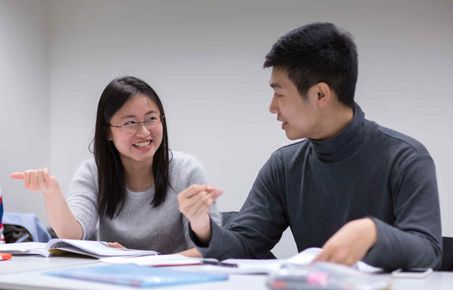 Two students discussing ideas