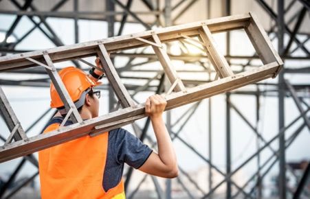 Technician carrying ladder