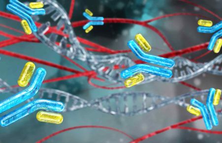 Antibodies against the background of a spiral of DNA 3D rendering