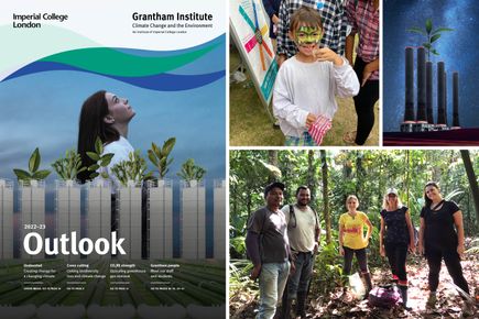 Composite image showing Outlook cover, with three photos from the magazine - a boy with face paint, a group in a forest and stylised smoke stacks