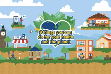 A graphic showing the 9 things you can do for your health and the planet logo - a heart-shaped globe with foliage behind it, set against a scene from the animation