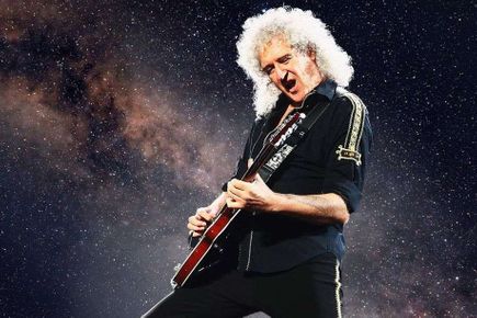 Queen guitarist Brian May on a space background