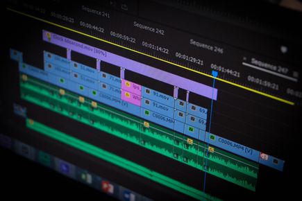 A close-up shot of a video editing timeline on a computer