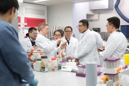Photo of researchers in a lab, all wearing PPE