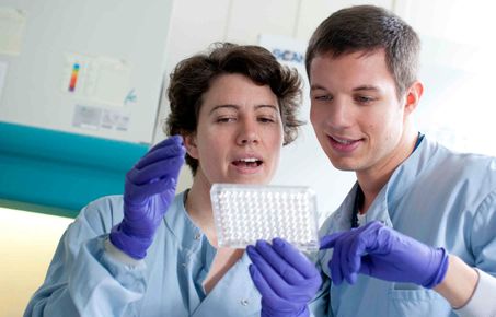 Two researchers discussing a sample tray