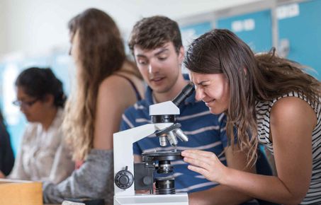 Two students practicing using a microscope
