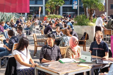 Students sitting outside in Dalby Court