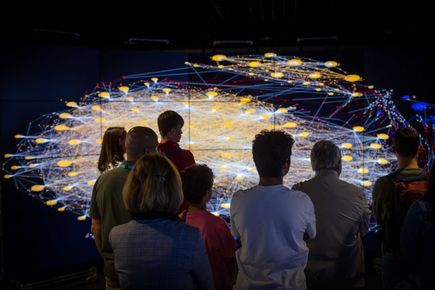 A group of people looking at the data visualisation wall, a wall of screens