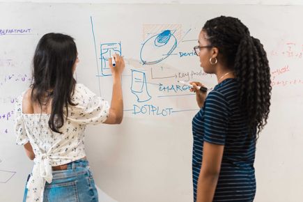 Postgraduates in the Dyson School of Design Engineering at a whiteboard