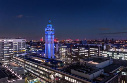 Aerial shot of South Kensington campus at night.