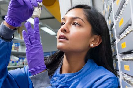 An image of a student observing a vial in a lab