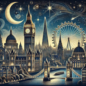 An imaginative picture of London showing many landmarks