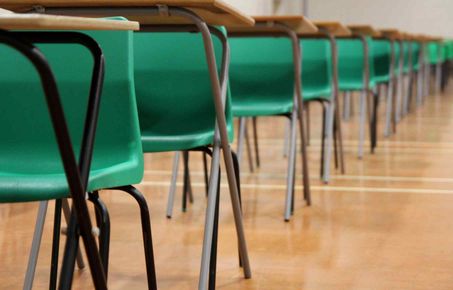 Photo of desks and chairs for an exam