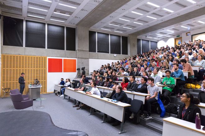 An audience in a lecture theatre at the Imperial Festival 2018