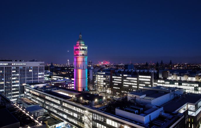 The Queen's Tower lit up in rainbow colours for Pride