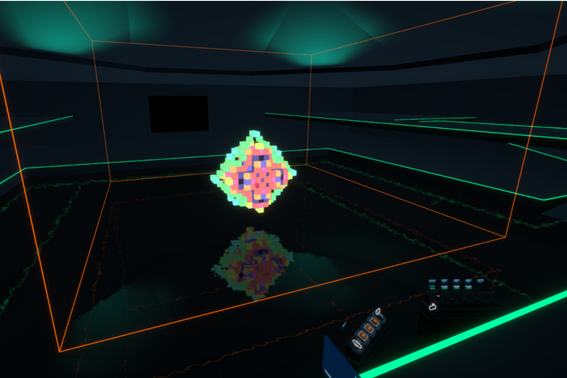 A screenshot from inside ViRSE, a virtual reality learning platform at Imperial. We see a 3D version of Conway's game of life, simulated with colourful neon cubes in a futuristic environment.