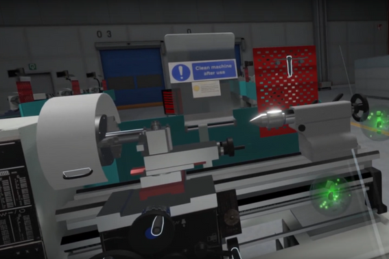 A screenshot from inside ViRSE, a virtual reality learning platform at Imperial College. The POV of someone about to work on a virtual lathe machine.