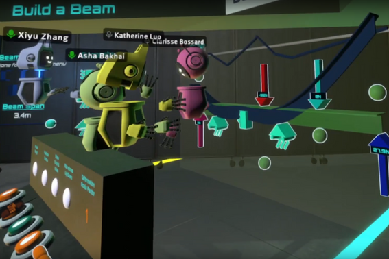 A screenshot from inside ViRSE, a virtual reality learning platform at Imperial College. Students represented as robots examine a deformed beam, with arrows and other shapes indicating forces and fixed points.