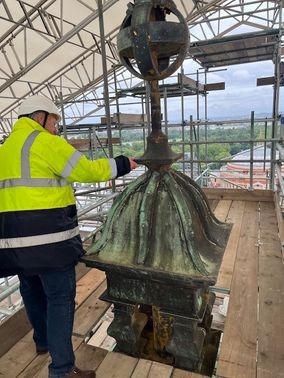 Scaffolding reaches the top of the Queen's Tower to inspect the finial and orb