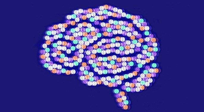 Blurry brain shape made out of pills