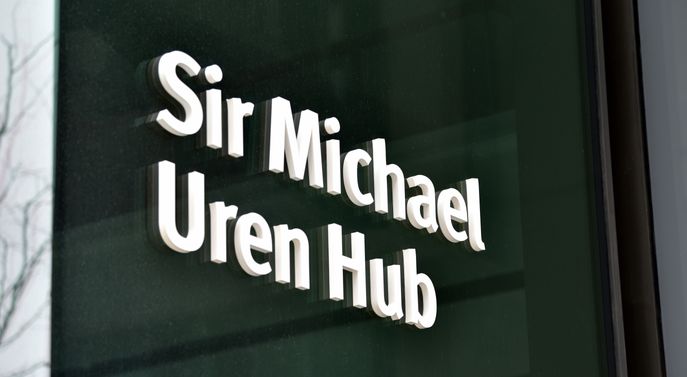 Photograph of Sir Michael Uren Hub signage