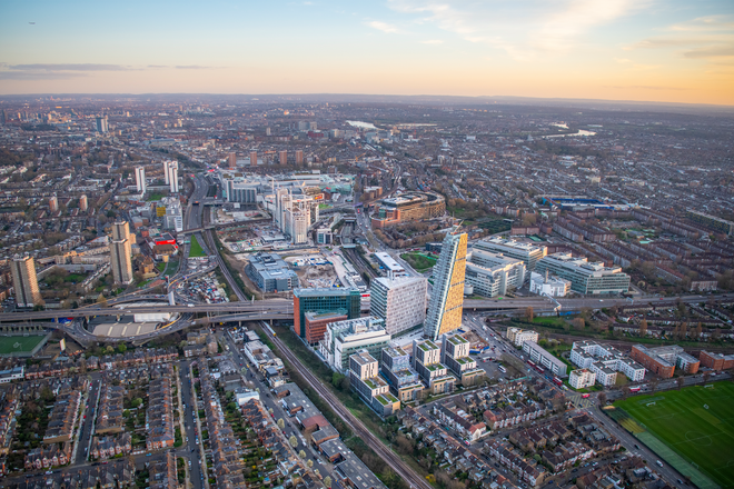 Aerial view of the White City campus at sunset