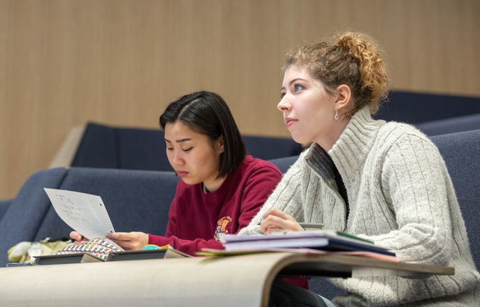 two women studying physics