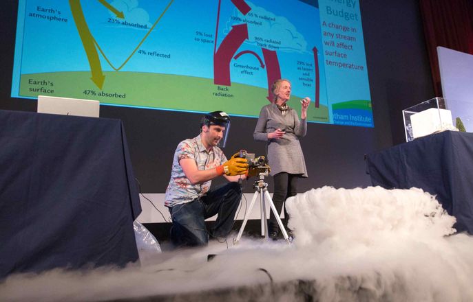 Professor Joanna Haigh and Dr Fozzy doing an experiment at the Children's Christmas Lecture