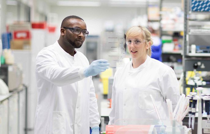 Researchers discussing a paper in the lab