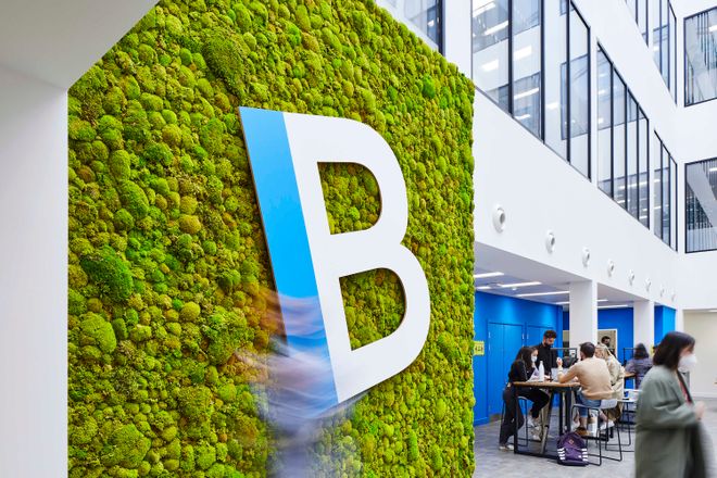 Students sit next to a Business School logo on a living wall