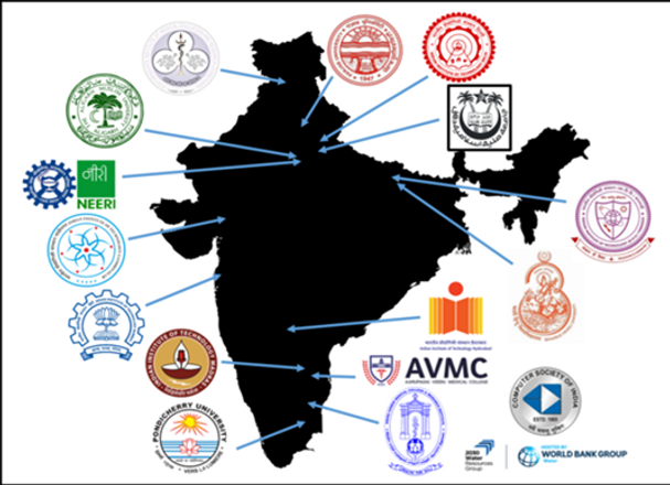 A map showing the names and locations of institutions in India involved in the India-UK AMR project