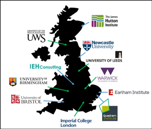 A map showing the names and locations of institutions in the UK involved in the India-UK AMR project