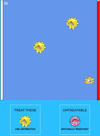 Blue screen with three yellow round animated bacteria to either treat or not treat with antibiotics
