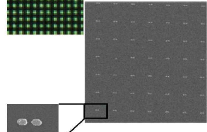Electron microscope and optical scattering images of bow tie nanoantennas designed for light concentration of the colour green
