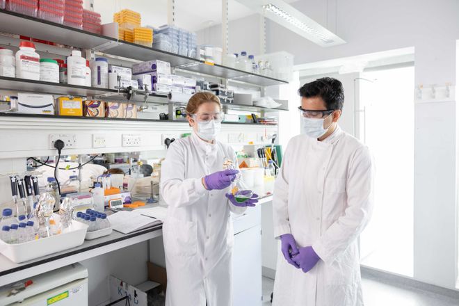 Two researcher in lab coats discuss a sample in a lab